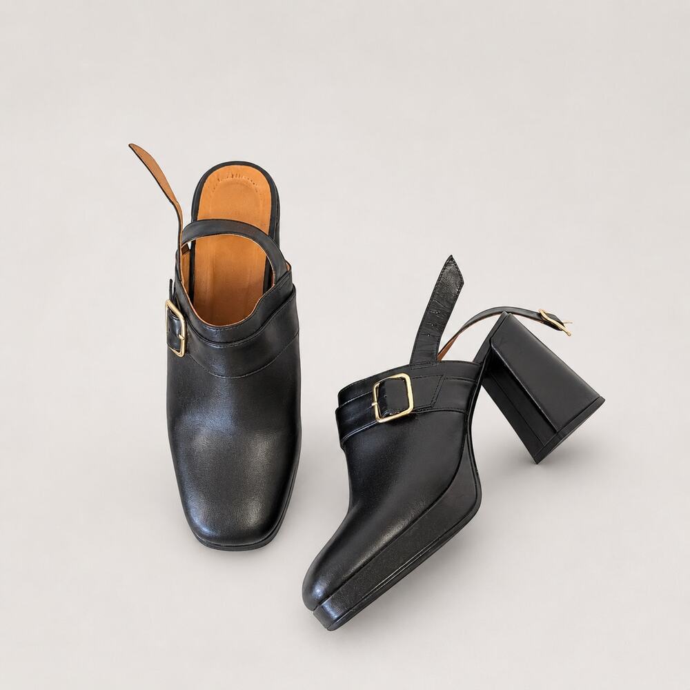 Sézane Rebecca High Clogs Womens FR40/US9 Glossy Black Leather High Heel